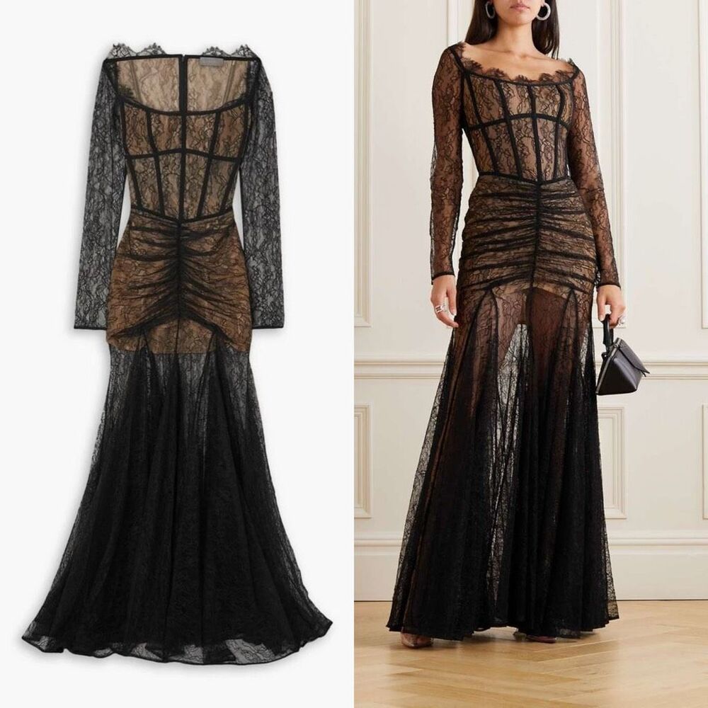 RASARIO Off-the-Shoulder Long Sleeve Ruched Corset Lace Gown Black Size FR36/US4